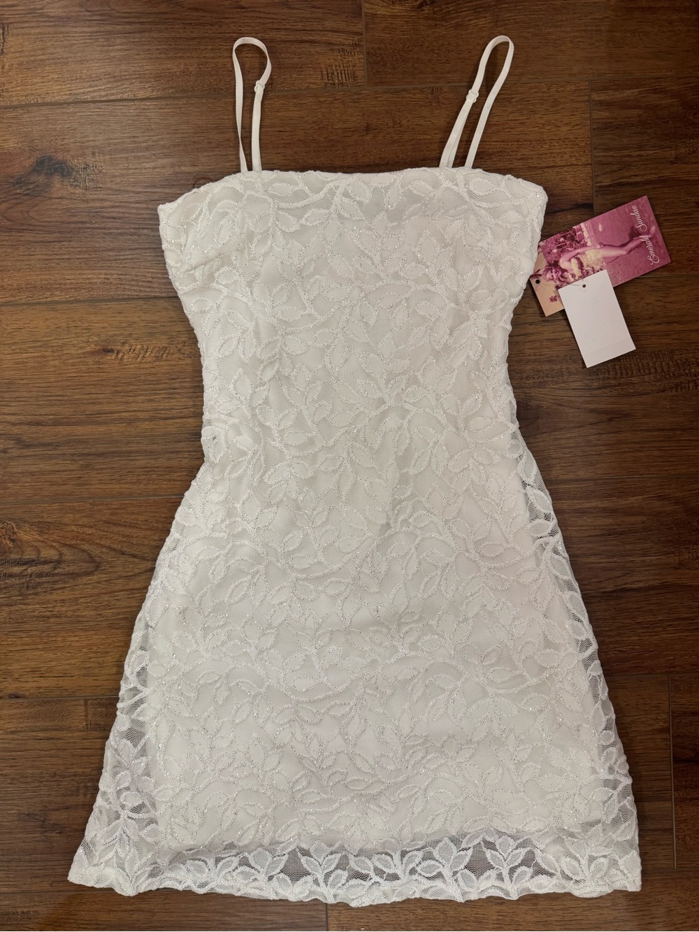 Emerald Sundae White Lace Spaghetti Strap Mini Dress
